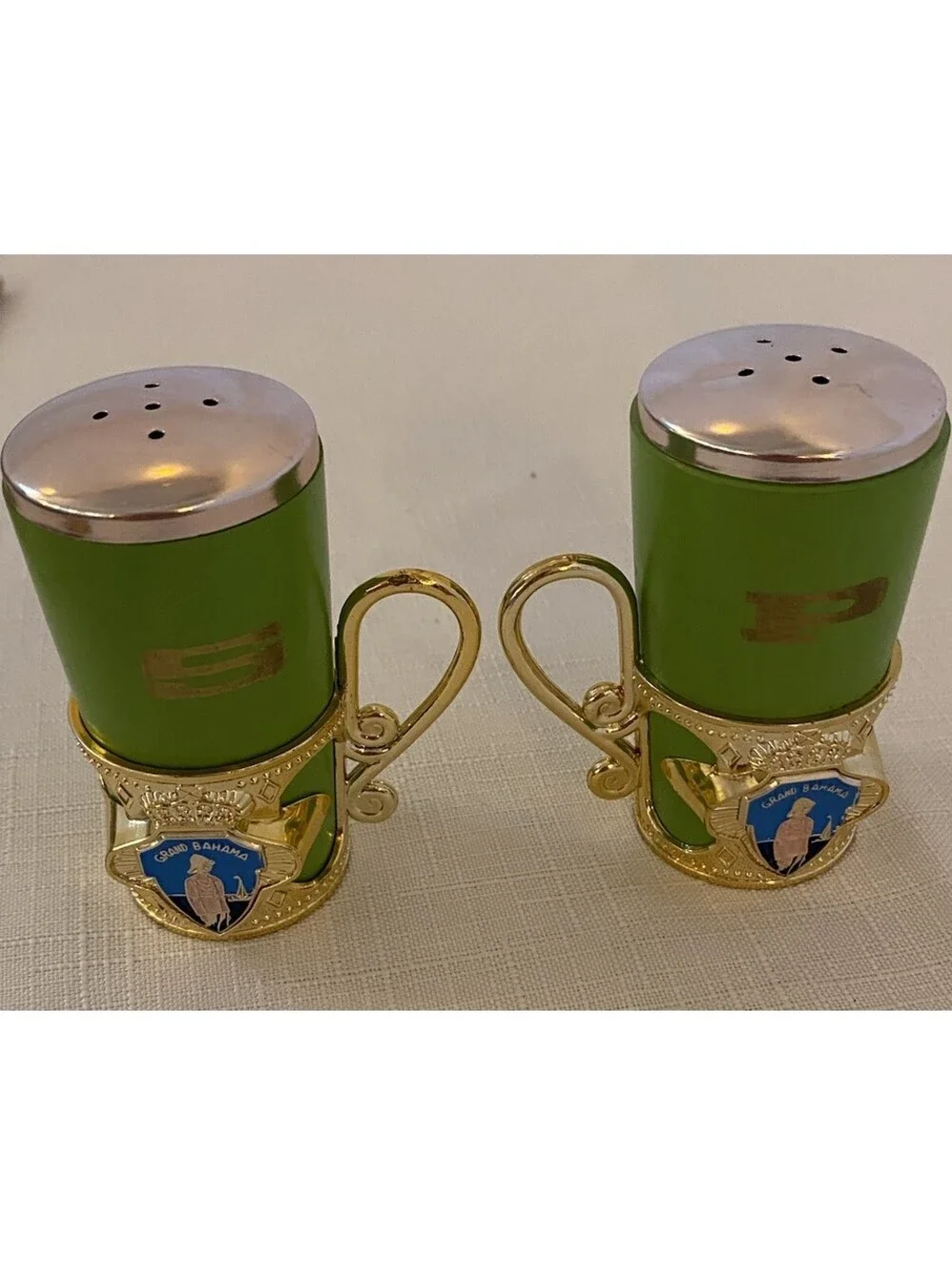 Vintage Grand Bahama Salt & Pepper Shakers Green Wood & Gold plastic Cup Holders